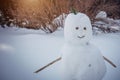 Snowman on a blurry white background, close-up. Christmas Winter, New Year, outdoor games. Copy space Royalty Free Stock Photo