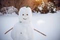 Christmas Snowman on a blurry white background, close-up. Winter, New Year, outdoor games. Copy space Royalty Free Stock Photo