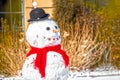 Snowman with a bright idea - torso and head of cute snowman with red scarf and bowler hat with light bulb on top in front of