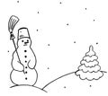 Snowman with a broom and bucket on his head standing near the Christmas tree Royalty Free Stock Photo