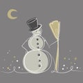 Snowman with broom and hat Trendy line drawing,poster Vector illustration.Winter seasonal holidays concept Royalty Free Stock Photo