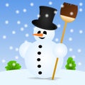 Snowman with a broom in the landscape Royalty Free Stock Photo