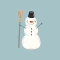 Snowman in bucket hat with a broom on a blue background. Vector illustration Royalty Free Stock Photo