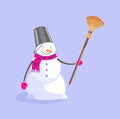 Snowman in bucket and scarf holding broom isolated