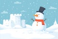 Snowman building a snow castle with a carrot nose and buttons. Flat style. By generative Ai