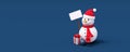 Snowman with bulletin board on blue background. Winter Holidays concept with copy space 3d render