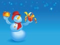 Snowman with cake and gift on blue Royalty Free Stock Photo