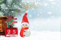 Snowman, calendar, Christmas tree and snow. Christmas background.