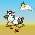 Snowman in cap and sunglasses sunbathing with cool cocktail, colorful simple doodle drawing, character design