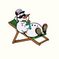 Snowman in cap and sunglasses sunbathing with cool cocktail, colorful simple doodle drawing, character design