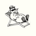 Snowman in cap and sunglasses sunbathing with cool cocktail, outline simple doodle drawing, character design