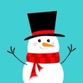 Snowman, carrot nose, black hat, red scarf. Merry Christmas. Cute cartoon funny kawaii character. Blue winter background. Happy Royalty Free Stock Photo