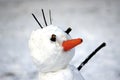 Snowman with carrot nose at first snowy day. Closeup photo. Winter background