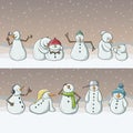 Snowman cartoon characters, standing in row in snowfall for Christmas