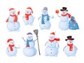 Snowman. Cartoon Christmas characters with happy faces, sculpture for winter outdoor activity. Snow and ice figure from Royalty Free Stock Photo