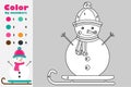 Snowman in cartoon style, color by number, christmas education paper game for the development of children, coloring page, kids pre