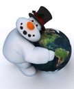 Snowman Character hugging a globe Royalty Free Stock Photo