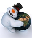 Snowman Character hugging a globe Royalty Free Stock Photo