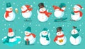 Snowman. Cheerful christmas snowmen in different costume with ice cream, book and gift, letter and snowboard winter