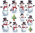 Snowman. Cheerful christmas snowmen festive happy xmas tree holiday cute characters, flat vector cartoon isolated set Royalty Free Stock Photo