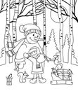 Snowman and child in the winter forest on New Year\'s Eve. Coloring. Royalty Free Stock Photo