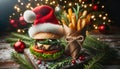 Snowman Christmas Burger. A delightful holiday burger sculpted into the shape of a snowman on festive backdrop