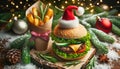 Snowman Christmas Burger. A delightful holiday burger sculpted into the shape of a snowman on festive backdrop