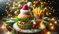 Snowman Christmas Burger. A delightful holiday burger sculpted into the shape of a snowman on festive backdrop