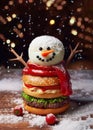Snowman Christmas Burger. A delightful holiday burger sculpted into the shape of a snowman on festive backdrop