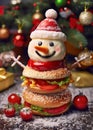 Snowman Christmas Burger. A delightful holiday vegetarian burger sculpted into the shape of a snowman on festive backdrop