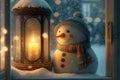 Snowman with Christmas lantern on snowfall background. Congratulation Merry Christmas and Happy New Year! Generative AI