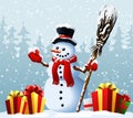 Snowman with Christmas presents against the background of a winter forest. Christmas and New Year. Vector illustration Royalty Free Stock Photo