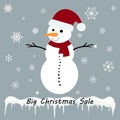 Snowman with Christmas sale tag on a grey background