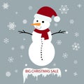 Snowman with Christmas sale tag on a grey background