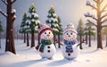 Snowman Christmas Scene. New year greeting card. Happy snowman standing in christmas landscape. Snow background. Generative AI Royalty Free Stock Photo