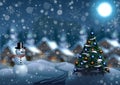 Snowman and Christmas tree on the background of a winter village