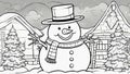 snowman with a Christmas tree black and white, a coloring book page, Outlined happy smiling