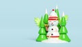 snowman with christmas tree, candy cane, red bow, holly berry leaves, glass transparent lamp garlands. merry christmas and happy Royalty Free Stock Photo