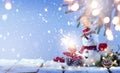 Art Snowman and Christmas tree decoration; background or season Royalty Free Stock Photo