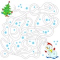 Snowman and Christmas tree. Labyrinth for children. Educational games. Find the path. Vector illustration.