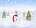 Snowman and Christmas Trees Outdoors Snowing