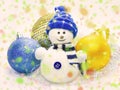 Snowman, christmass balls and colorful confetti
