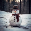 Snowman close- up. Realistic snowman in winter forest.