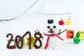 Snowman concept new year 2018 and christmas with giftes Royalty Free Stock Photo