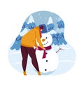 Snowman concept, snow fun, holiday winter snowy, human vacation landscape, design, in cartoon style vector illustration.
