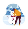 Snowman concept, snow fun, holiday winter snowy, human vacation landscape, design, in cartoon style vector illustration.