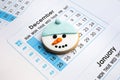 Snowman cookie in calendar december background