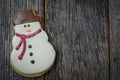 Snowman Cookie on Rustic Wood Background