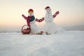 Snowman couple with present box in basket Royalty Free Stock Photo