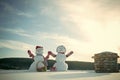 Snowman couple with present box. Royalty Free Stock Photo